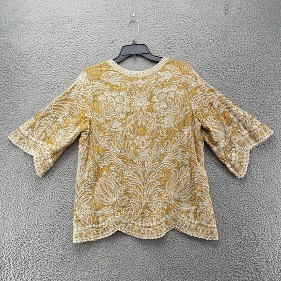 Solitaire BOHO Embroidered Top Womens Large Yellow Scalloped Hem Floral - Picture 6 of 10